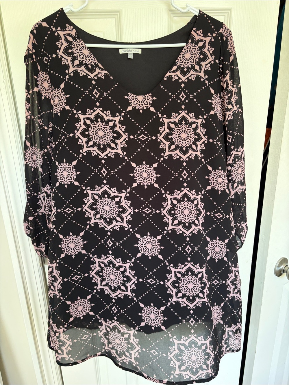 Charlotte Russe Black Tunic with Pale Pink Medallion Print